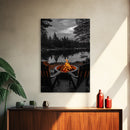 Campfire Chairs Lake, Autumn Firepit Scene, Rustic Retreat, Cabin Escape, Framed Canvas Print, cozy wall art, man cave cabin decor