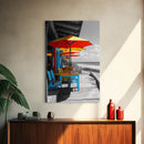 Seaside Café, Colorful Tables, Ocean Dining, Framed Canvas Print, Tropical Wall Art, Kitchen Decor, Bright Coastal Boho Style
