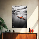 Red Shark, Underwater Scene, Ocean Light Rays, Color Contrast, Canvas Print, Modern Marine Art, Bathroom Wall Art, Nautical Style
