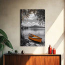 Lake Rowboat, Serene Waters, Mountain Reflection, Framed Canvas Print, Minimalist Nature Art, Living Room Wall Art, Tranquil Landscape