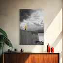 Yellow Raincoat, Ocean Storm, Moody Skies, Framed Canvas Print, Minimalist Wall Art, Coastal Entryway Decor, Contemplative Scene