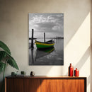 Green Yellow Boat, Serene Reflection, Dockside Calm, Framed Canvas Print, Coastal Bedroom Decor, Minimal Nautical Wall Art