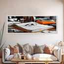Open Book, Glasses, Orange Folders, Writer Desk, Framed Canvas Print, Study Room Wall Art, Vintage Academic Aesthetic