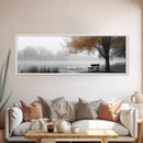 Foggy Lake, Autumn Tree, Peaceful Bench, Serene Nature, Framed Canvas Print, Fall Wall Decor, Zen Living Room Art, Bedroom Decor