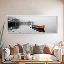 Harbor Rowboat Reflection, Foggy Dock Scene, Framed Canvas Print, Coastal Minimalist Wall Art, Seaside Entryway Decor, Moody Ocean Art