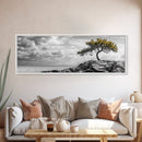 Lone Tree Cliff, Windy Ocean View, Golden Branches, Canvas Print, Moody Landscape Art, Neutral Tones, Office Wall Decor, Minimalist Style