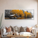 Fall Forest Cabin, Golden Autumn Trees, Riverside Retreat, Framed Canvas Print, Rustic Country Wall Art, Living Room Cabin Decor