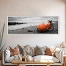 Beach Buoy, Coastal Drift, Orange Marker, Tidal Shore, Framed Canvas Print, Bathroom Wall Decor, Nautical Minimalism, Modern Ocean Art