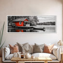 Lakeside Cabin Red, Boat House Retreat, Serene Waterfront, Autumn Color Pop, Canvas Print, Cozy Living Room Wall Art, Nature Home Decor