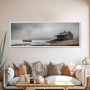 Foggy Lake, Yellow Boat, Rustic Cabin, Coastal Calm, Framed Canvas Print, Autumn Wall Art, Bedroom Decor, Minimalist Nature Photography