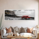 Red Picnic Table, Rocky Shore Cliffs, Bold Coastal View, Framed Canvas Print, Rustic Wall Art, Cabin Decor, Nature Lovers Gift