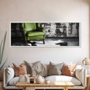 Green Leather Chair, Industrial Urban Scene, Chic Lounge Interior, Framed Canvas Print, Modern Wall Art, Man Cave Office Decor