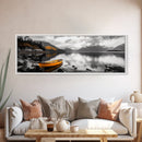 Golden Rowboat Reflections, Lake Mountain Art, Scenic Boat Landscape, Framed Canvas Print, Coastal Wall Art, Fall Living Room Decor