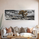 Twisted Desert Tree, Rocky Canyon Art, Dramatic Sky Nature Scene, Framed Canvas Print, Rustic Wall Decor, Moody Western Home Aesthetic
