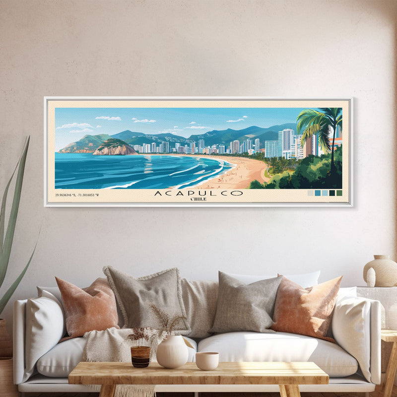 Acapulco, Chile Panoramic Beach Print, Vacation Gift, Chile Wall Art, Beach Painting, Beach Decor, Beach Painting