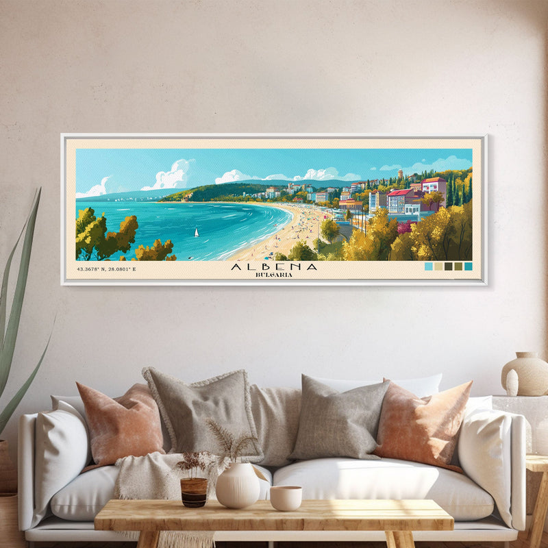 Albena, Bulgaria Panoramic Beach Print, Vacation Gift, Bulgaria Wall Art, Framed Canvas Print, Framed Beach Painting