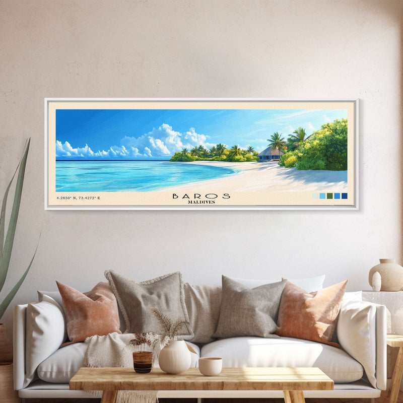 Baros, Maldives Panoramic Print, Vacation Gift, Maldives Wall Art, Beach Painting, Beach Decor, Large Wall Art, Wood Frame Art