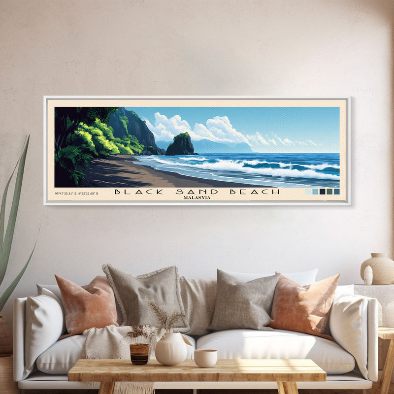 Black Sand Beach, Malasyia Panoramic Beach Print, Vacation Gift, Malasyia Wall Art, Framed Canvas Print, Framed Beach Painting