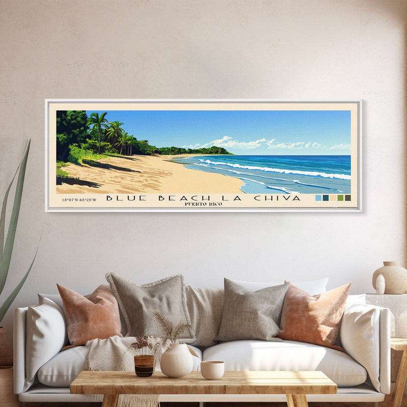 Blue Beach La Chiva, Puerto Rico Panoramic Beach Print, Vacation Gift, Puerto Rico Wall Art, Framed Canvas Print, Framed Beach Painting