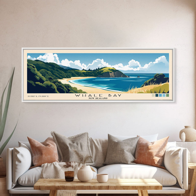 Whale Bay, New Zealand Panoramic Beach Print, Vacation Gift, New Zealand Wall Art, Framed Canvas Print, Framed Beach Painting