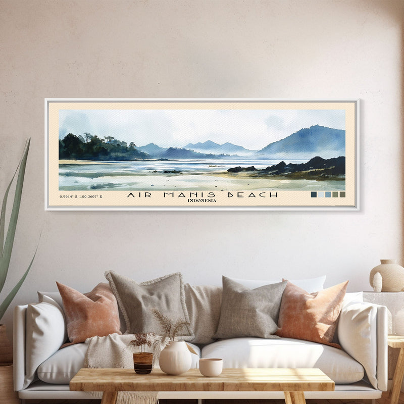 Air Manis Beach, Indonesia Watercolor Beach Print, Vacation Gift, Indonesia Wall Art, Framed Canvas Print, Framed Beach Painting