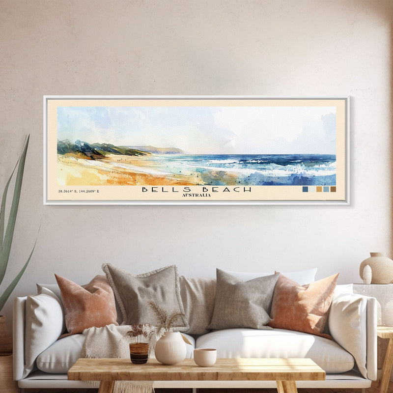 Bells Beach, Australia Watercolor Beach Print, Vacation Gift, Australia Wall Art, Framed Canvas Print, Framed Beach Painting