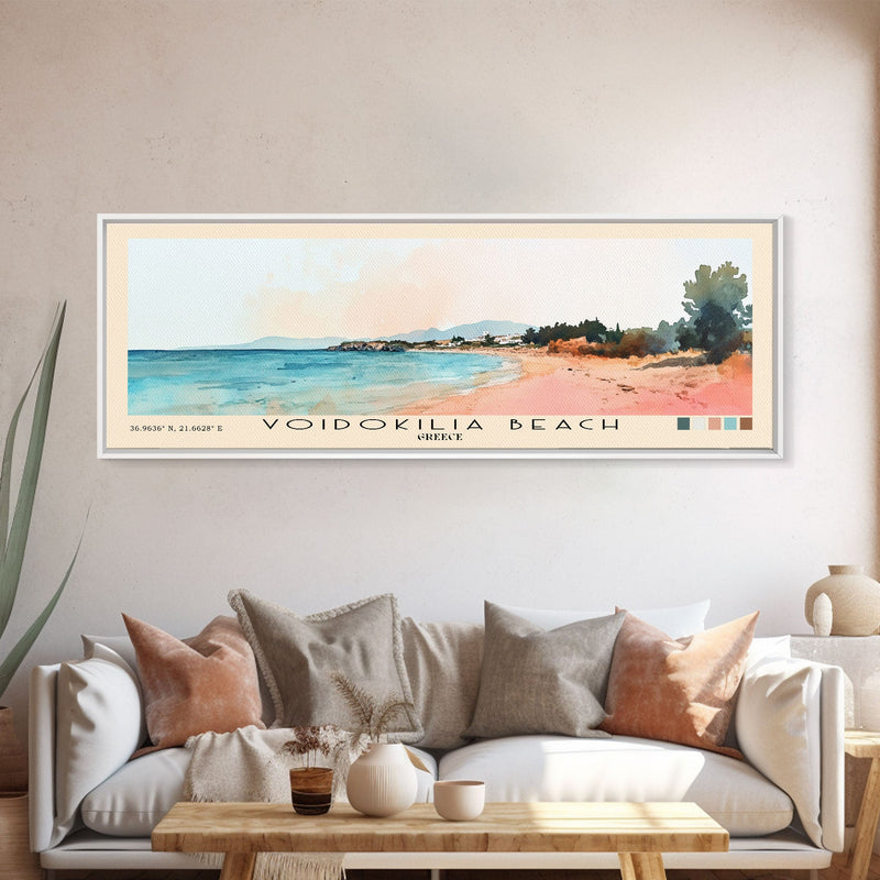 Voidokilia Beach, Greece Watercolor Beach Print, Vacation Gift, Greece Wall Art, Framed Canvas Print, Framed Beach Painting