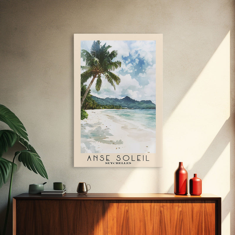 Anse Soleil, Seychelles Watercolor Beach Print, Vacation Gift, Seychelles Wall Art, Framed Canvas Print, Framed Beach Painting