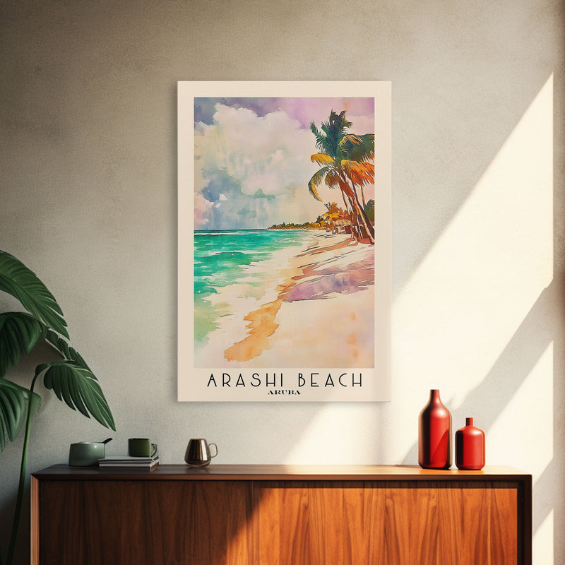 Arashi Beach, Aruba Watercolor Beach Print, Vacation Gift, Aruba Wall Art, Framed Canvas Print, Framed Beach Painting