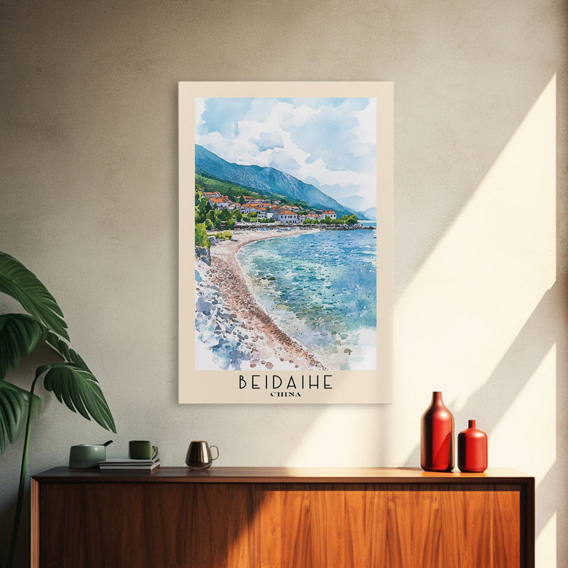 Beidaihe, China Watercolor Beach Print, Vacation Gift, China Wall Art, Framed Canvas Print, Framed Beach Painting