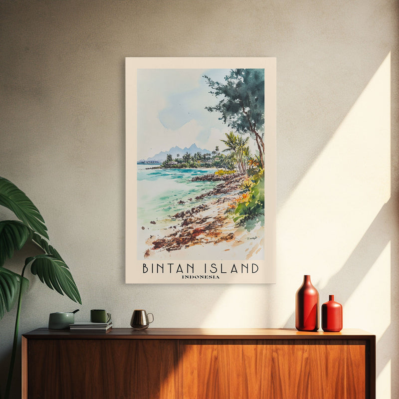 Bintan Island, Indonesia Watercolor Beach Print, Vacation Gift, Indonesia Wall Art, Framed Canvas Print, Framed Beach Painting