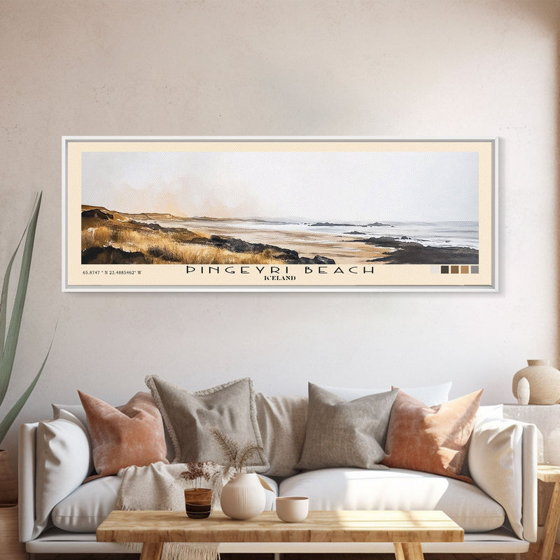 Ãingeyri Beach, Iceland Watercolor Beach Print, Vacation Gift, Iceland Wall Art, Framed Canvas Print, Framed Beach Painting