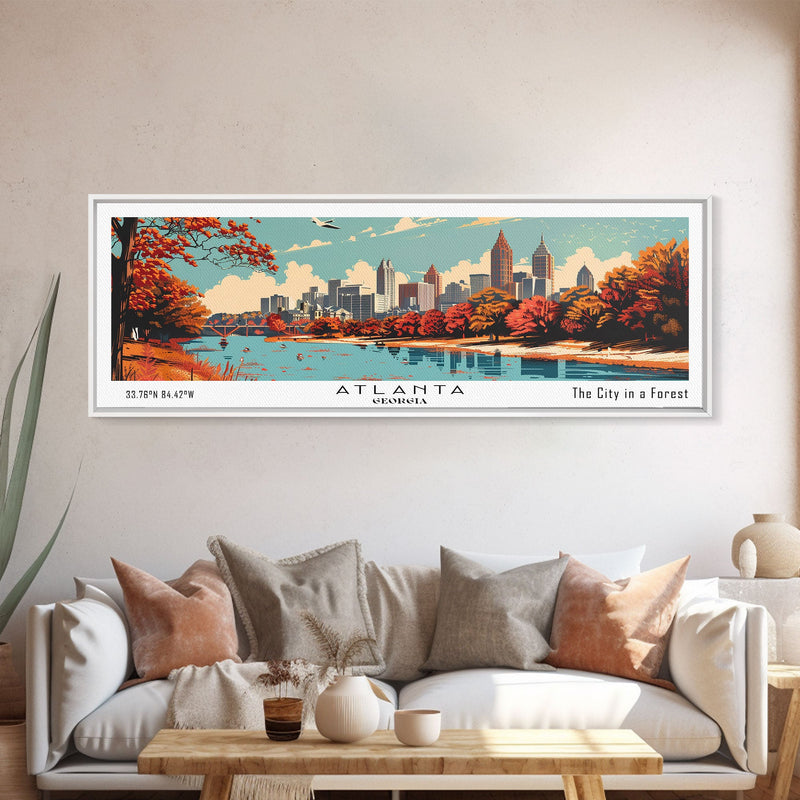 Atlanta Georgia Panoramic Painting, Mid Century Modern Framed Canvas Print, Retro Pop Art Travel Poster, Home Decor, City Wall Art