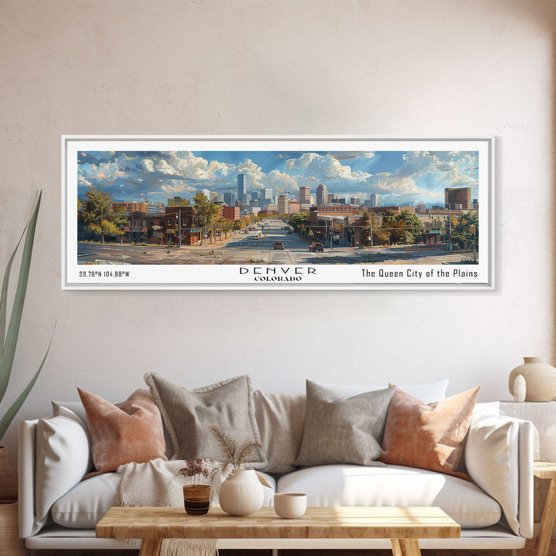 Denver Colorado Panoramic Watercolor Painting, Scenic Framed Canvas Print, Mountain City Wall Art, Travel Poster, Home Decor, Vacation Gift