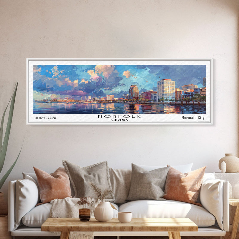 Norfolk Virginia Panoramic Framed Canvas Print, Cityscape Watercolor Painting, Modern Wall Art for Home Decor, Travel Poster, Urban Gift Idea