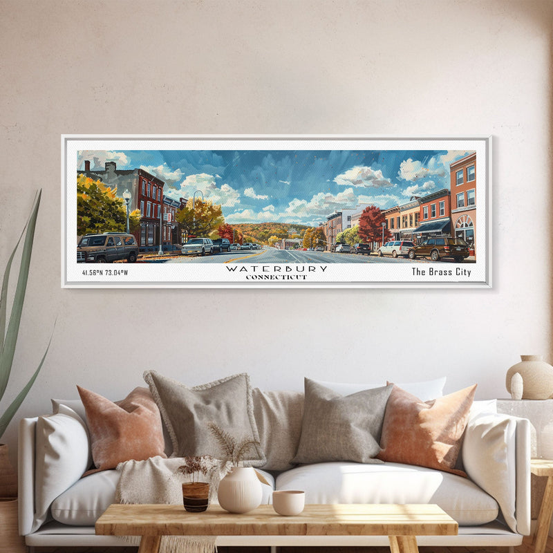 Waterbury Connecticut Panoramic Painting, Framed Canvas Print, Artistic Travel Poster, Retro Wall Art, Unique Office Decor, Living Room Gift