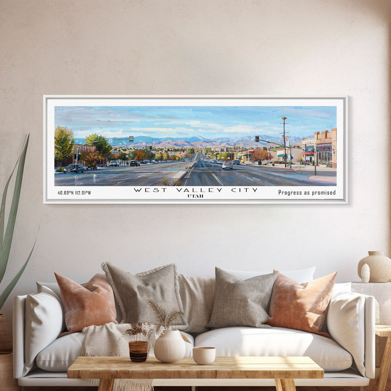 West Valley City Utah Panoramic Painting, Framed Canvas Print, Retro Style Travel Poster, Artistic Wall Art, Unique Office Decor, Living Room Gift