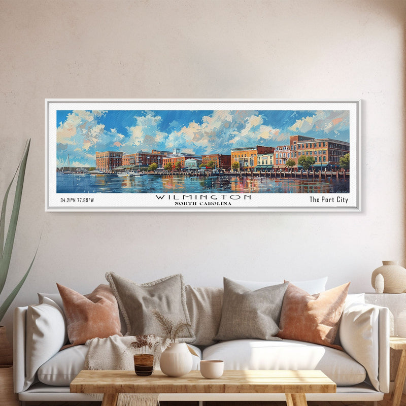 Wilmington North Carolina Panoramic Framed Canvas Print, Retro Style Travel Poster, Artistic Wall Art, Unique Office Decor, Living Room Gift