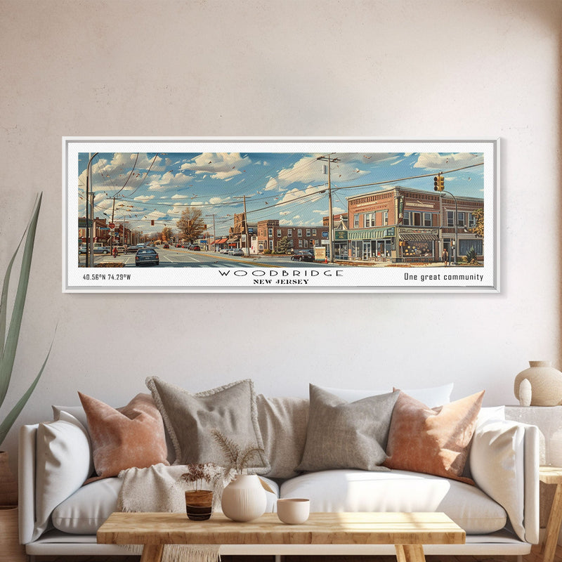 Woodbridge New Jersey Panoramic Painting, Framed Canvas Print, Retro Style Travel Poster, Artistic Wall Art, Unique Home Decor, Office Gift Idea