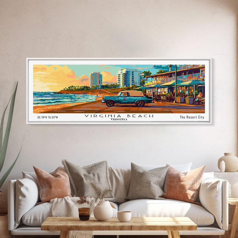 Virginia Beach Virginia Panoramic Wall Art, Mid Century Modern Framed Canvas Print, Retro Pop Art Travel Poster, Living Room Decor