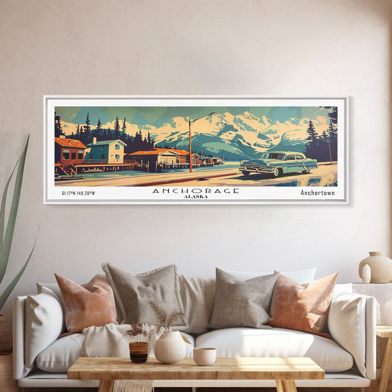 Anchorage Alaska Panoramic Painting, Mid Century Modern Framed Canvas Print, Retro Pop Art Travel Poster, Wall Art, Home Decor, Office Art