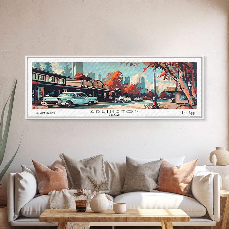 Arlington Texas Panoramic Wall Art, Mid Century Modern Framed Canvas Print, Retro Pop Art Travel Poster, Office Wall Art, Living Room Decor