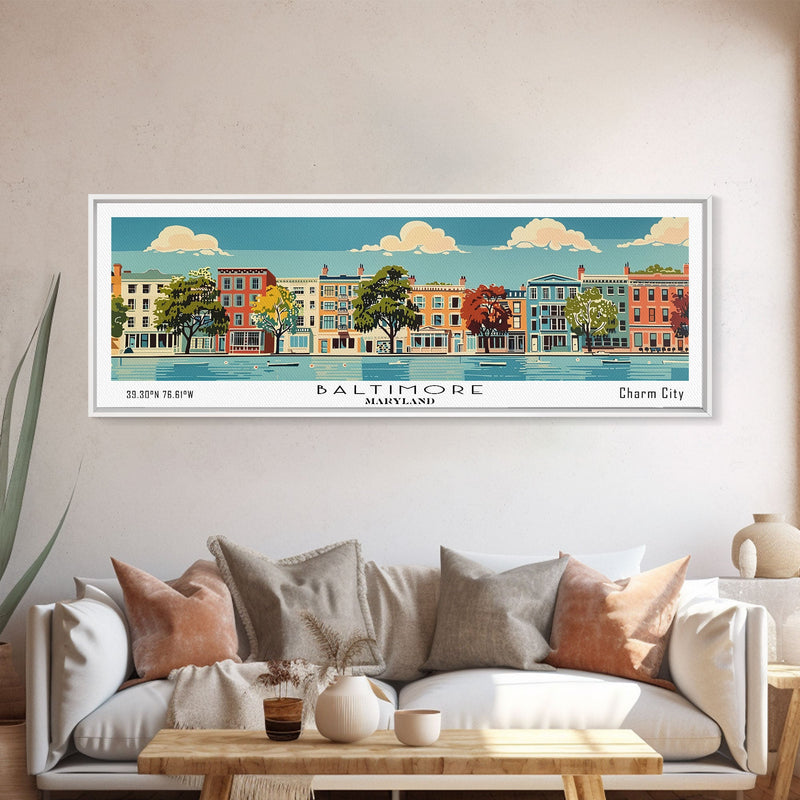 Baltimore Maryland Panoramic Painting, Mid Century Modern Framed Canvas Print, Retro Pop Art Travel Poster, Office Wall Art, City Print