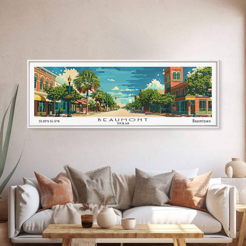 Beaumont Texas Panoramic Painting, Mid Century Modern Framed Canvas Print, Retro Pop Art Travel Poster, Living Room Wall Art, City Print