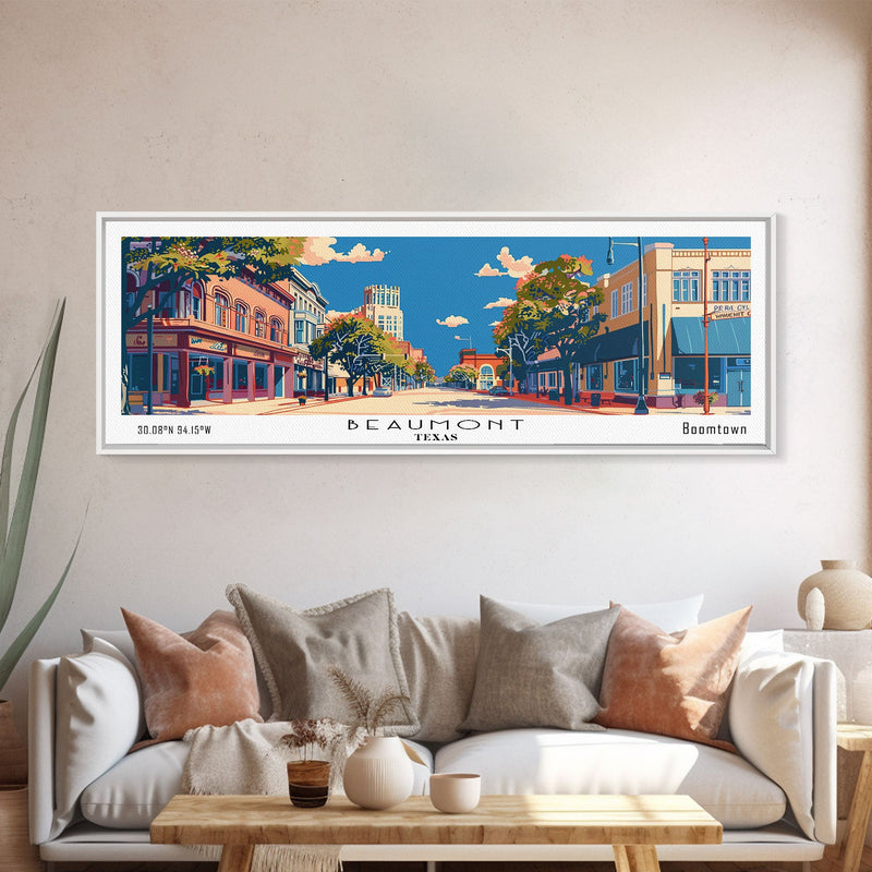 Beaumont Texas Panoramic Painting, Mid Century Modern Framed Canvas Print, Retro Pop Art Travel Poster, Living Room Wall Art, City Print