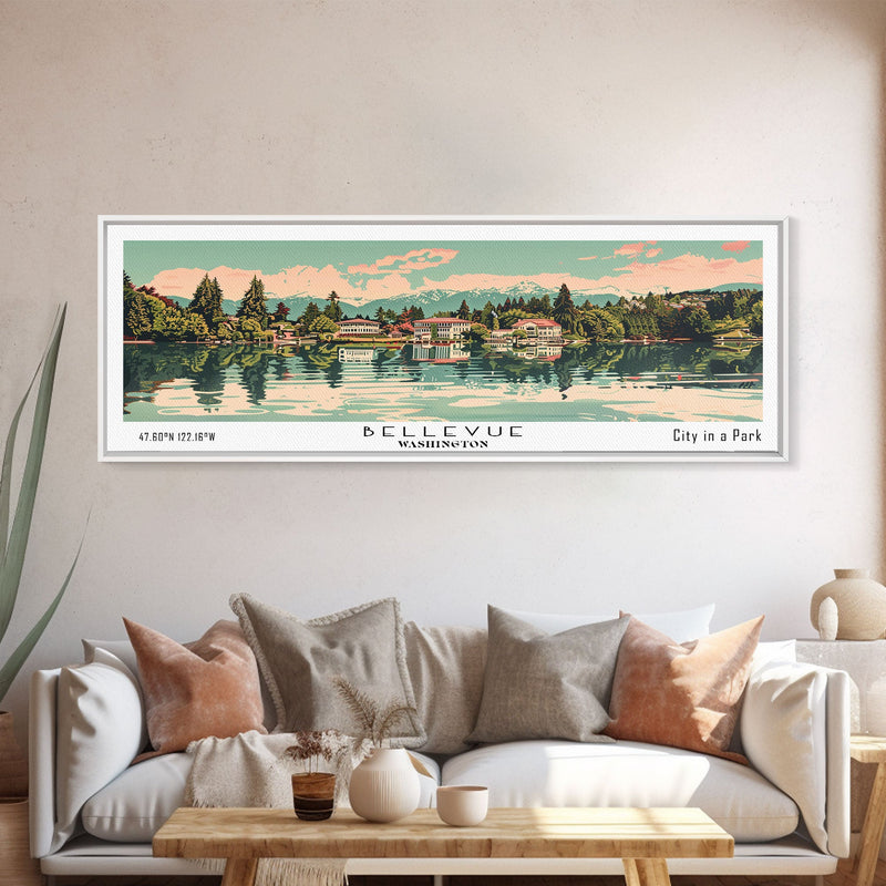 Bellevue Washington Panoramic Painting, Mid Century Modern Framed Canvas Print, Retro Pop Art Travel Poster, Office Wall Art, City Print