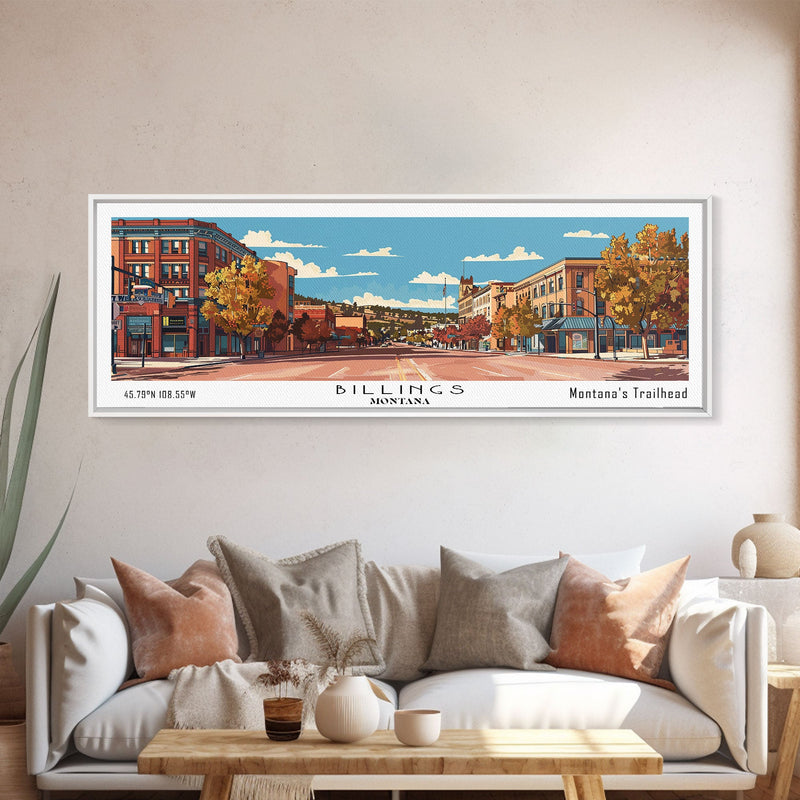 Billings Montana Panoramic Painting, Mid Century Modern Framed Canvas Print, Retro Pop Art Travel Poster, Living Room Wall Art, City Art