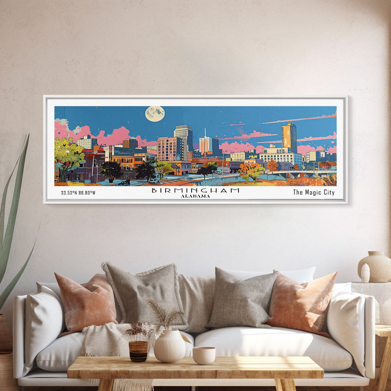 Birmingham Alabama Panoramic Painting, Mid Century Modern Framed Canvas Print, Retro Pop Art Travel Poster, Office Wall Art, City Print