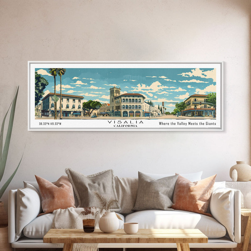 Visalia California Panoramic Art, Mid Century Modern Framed Canvas Print, Retro Pop Art Travel Poster, City Print, Living Room Wall Decor