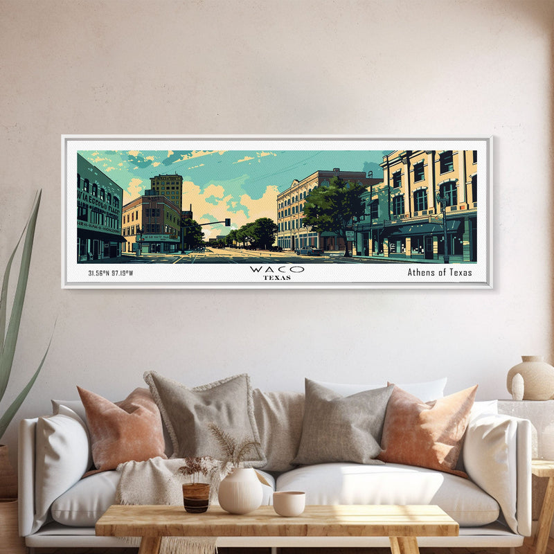 Waco Texas Panoramic Wall Art, Mid Century Modern Framed Canvas Print, Retro Pop Art Travel Poster, City Print, Living Room Decor